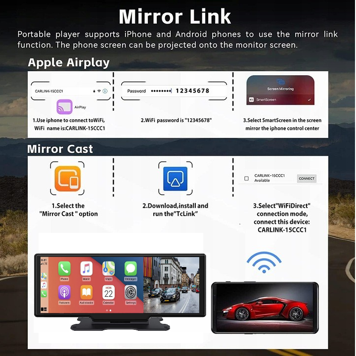 Monitor with Mirror cast support for car caravan van truck